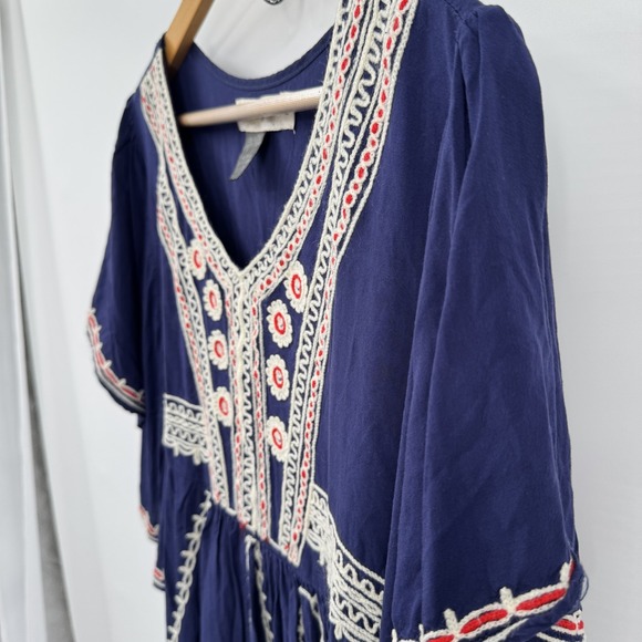 Urban Mangoz Womens Boho Peasant Blouse Navy Embroidered V Neck Cotton Size L - Picture 4 of 8